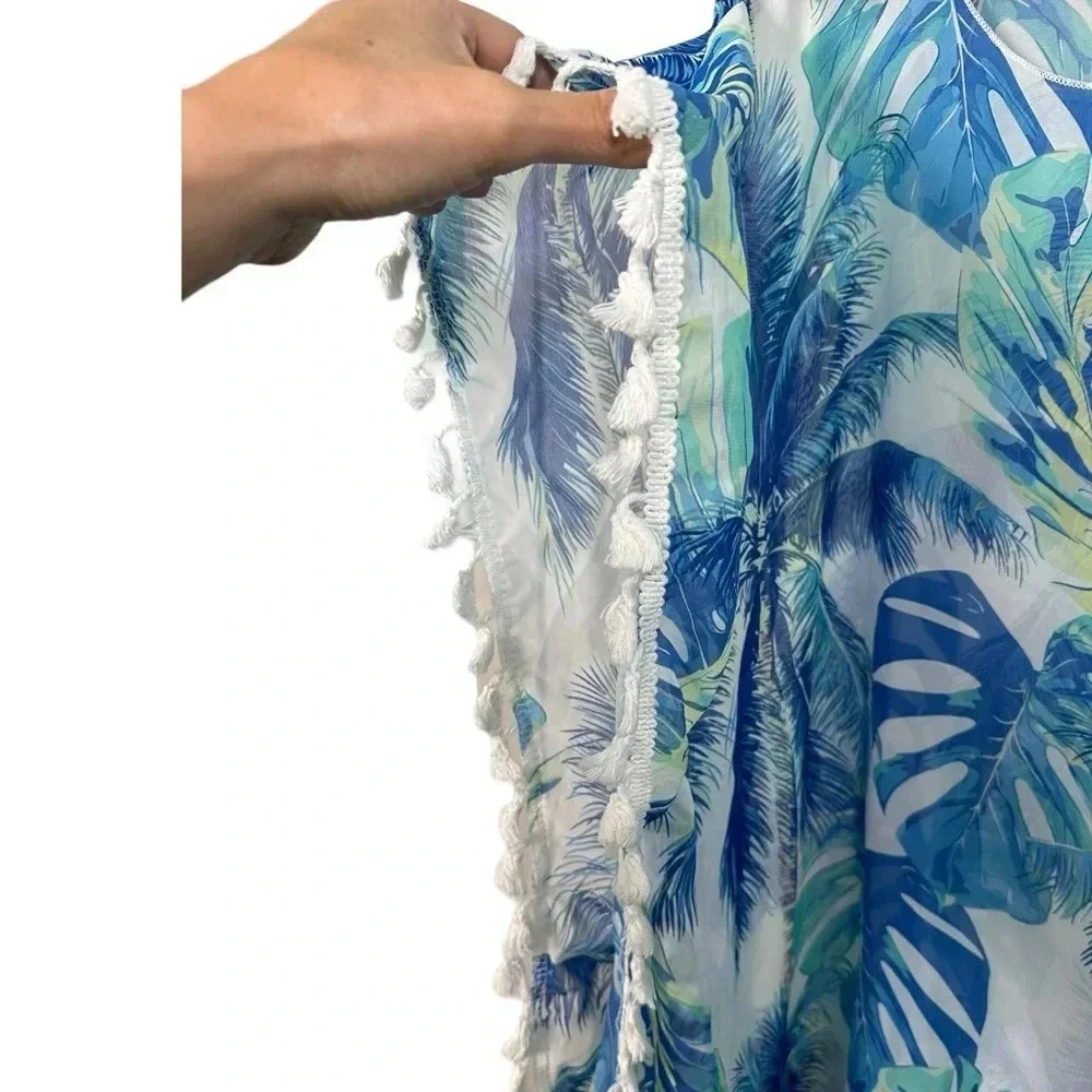 K151 unbranded palm print semi-sheer beach cover up - Picture 3 of 3